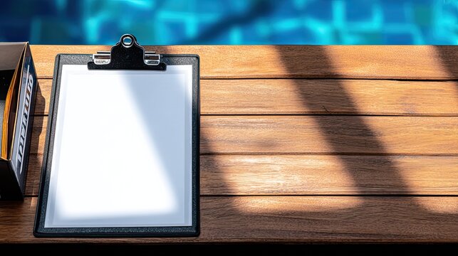Blank clipboard menu template on wooden poolside table, fast food burger fries water, top view summer vacation leisure blank layout material