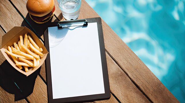 Blank clipboard menu template on wooden poolside table, fast food burger fries water, top view summer vacation leisure blank layout material