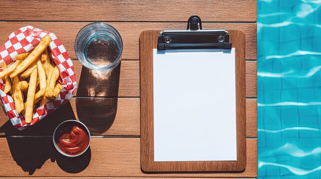 Blank clipboard menu template on wooden poolside table, fast food burger fries water, top view summer vacation leisure blank layout material