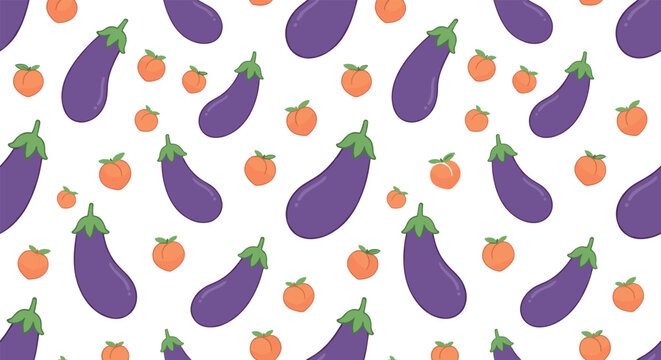 Seamless Food Pattern with Fresh Purple Eggplants and Orange Peach Fruits on White Background for Bakery Caf&eacute; Wallpapers Wrapping Paper and Fabric Designs
