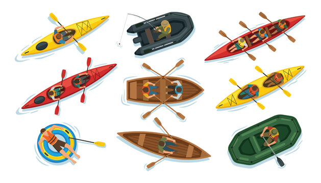 Top view people paddling boats set with kayak canoe rowing boat and inflatable dinghy isolated flat vector illustration
