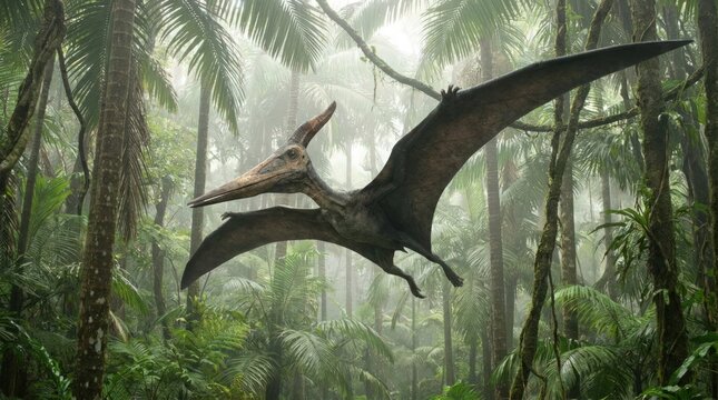 Pterosaur flying through a prehistoric jungle. Ancient reptile soaring in tropical forest.