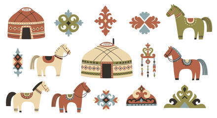 Collection of Traditional Central Asian Yurt Dwellings and Horse Figurines with Ornate Patterns. © Welas