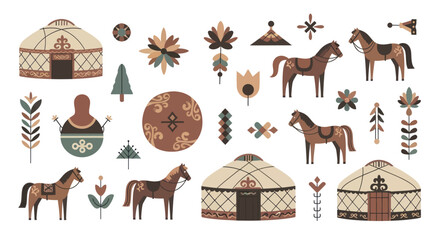 Collection of traditional Central Asian yurts, horses, and decorative elements. © Welas