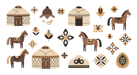 Collection of Traditional Mongolian Yurts, Horses, and Cultural Ornaments. © Welas
