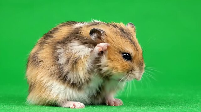 Cute fluffy hamster grooming its face and ears with tiny paws while sitting against a vibrant green screen background for easy keying
