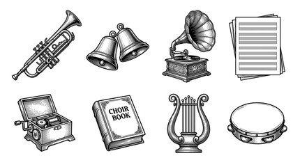 Vintage Musical Instruments and Accessories Collection Engraving Vector Art © VectorEngraveHalfton