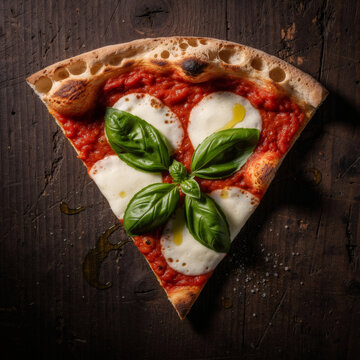 Top view of a slice of classic Italian Neapolitan pizza Margherita with tomato sauce, mozzarella cheese and fresh basil leaves