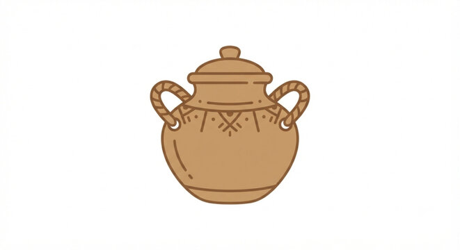 Brown Ceramic Clay Pot with Rope Handles Ethnic Line Art Vector Illustration