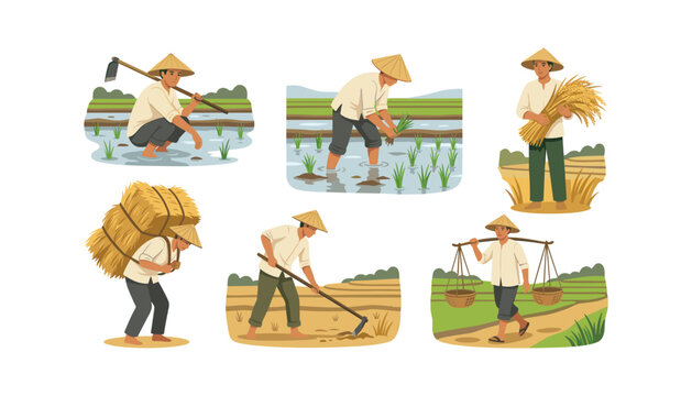 PrintAsian farmers working in rice fields planting crops harvesting paddy with traditional tools isolated flat vector illustration
