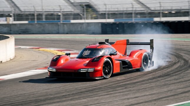 Red Prototype Race Car Drifting on Track Corner