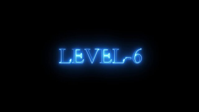 neon Level-6 text inside a horizontal banner on black background. level 9 text icon animation. Neon level up sign. neon next Level text.Level Thirty six text font with glowing neon light.Level .4k