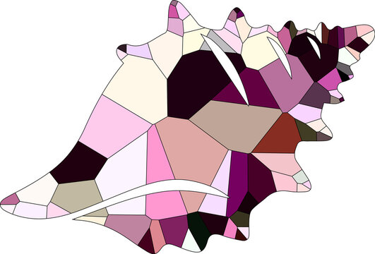 Mosaic seashell illustration in pink and purple tones, geometric conch shell art on white background, stained glass style sea shell graphic