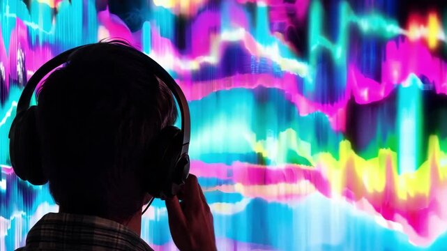 Man in headphones watching colorful sound wave visualization, music listening and audio technology