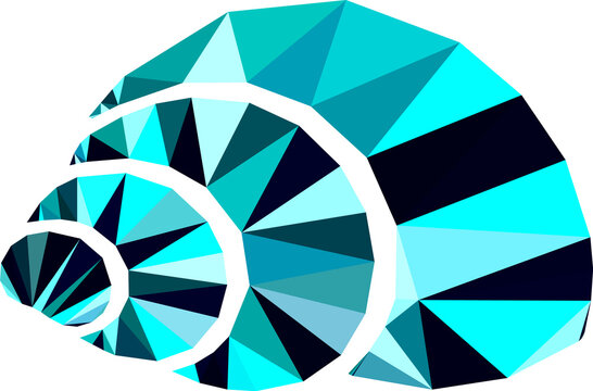 Geometric low poly seashell illustration, blue crystalline nautilus shell icon, abstract mosaic sea snail graphic isolated on white background