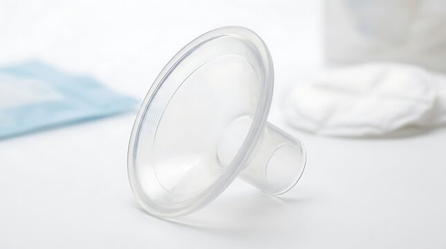 Clear silicone breast pump flange accessory for maternal care with captured soft natural lighting
