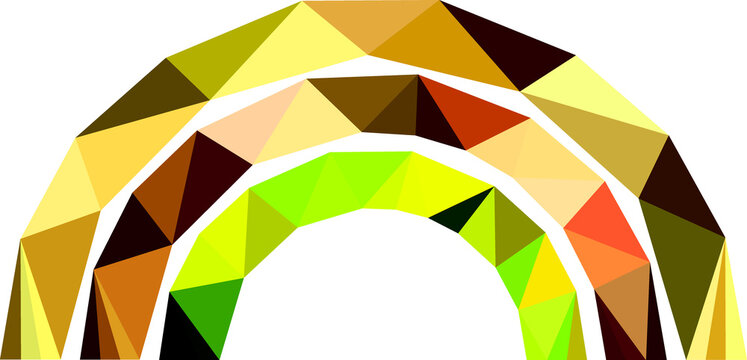 Geometric low poly rainbow arch, colorful polygonal mosaic bridge, abstract crystalline prism design element on white background