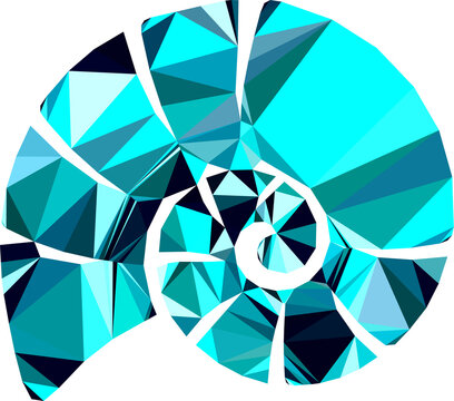 Low poly nautilus shell illustration, geometric turquoise sea shell art, blue crystalline spiral seashell graphic, modern nautical polygon design