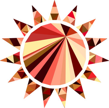 Geometric low poly sun icon, abstract solar star symbol with triangular facets, warm orange and red polygonal sunburst on white background