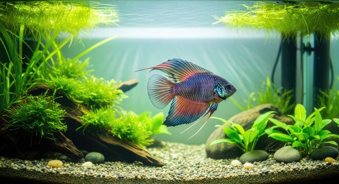 colorful betta fish swimming in a planted freshwater aquarium with lush aquatic vegetation, illuminated by natural light in a peaceful underwater scene