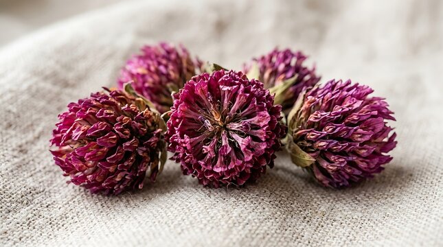 Dried red clover flower heads arranged on textured linen fabric for natural herbal wellness concept