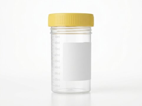Medical specimen collection cup with yellow lid for clinical testing, specimen
