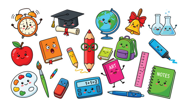Cute kawaii back to school stationery vector illustration set featuring smiling pencil backpack notebook book and educational supplies