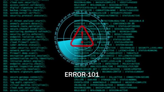 Digital Cyber Security Warning ERROR-101 Interface with Radar Scan. 4k video animation 