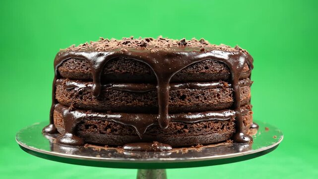 Delicious moist chocolate layer cake with rich fudge frosting rotating slowly on a platter against a solid green screen background
