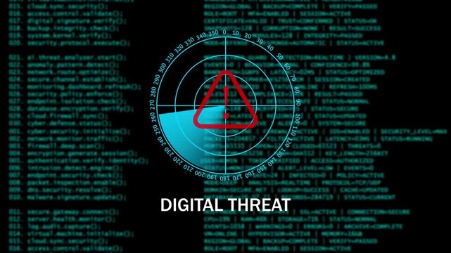 Digital Cyber Security Warning DIGITAL THREAT Interface with Radar Scan. 4k video animation 