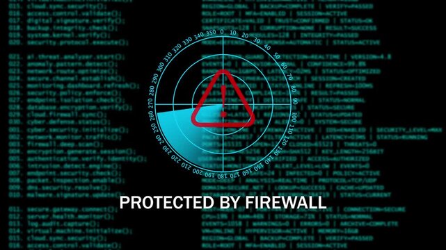 Digital Cyber Security Warning PROTECTED BY FIREWALL Interface with Radar Scan. 4k video animation 