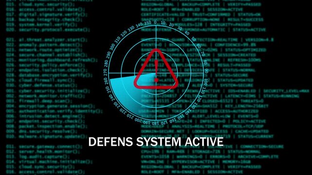 Digital Cyber Security Warning DEFENS SYSTEM ACTIVE Interface with Radar Scan. 4k video animation 