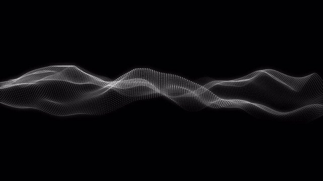Flowing white particle wave formed by glowing dots and lines on a transparent background with alpha channel. Abstract technology and data visualization motion graphic