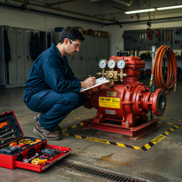 Mechanic Inspecting Red Fire Pump in Workshop with Tools male worker