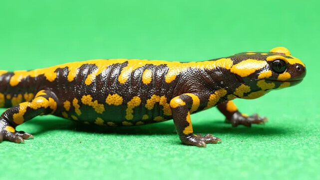 Detailed macro shot of a vibrant fire salamander walking slowly across a flat bright green screen background while looking around curiously