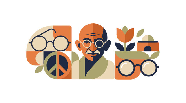 Mahatma Gandhi Flat Vector Illustration with Peace Symbols