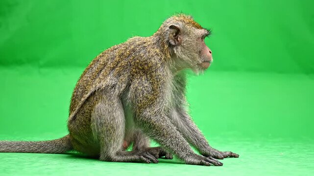 Detailed monkey sitting calmly on a plain surface against a professional chroma key green screen background looking around curiously