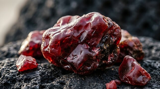 Raw garnet gemstones resting on volcanic rock surface with natural deep red translucent texture