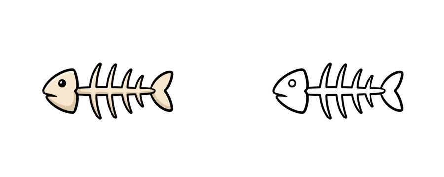 Cartoon fish bone skeleton in colored flat and black line art style in beige cream colors used for marine biology or trash symbol design on white background