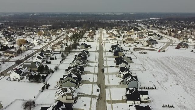 Aerial view of the Midwest Wintery Suburbs
