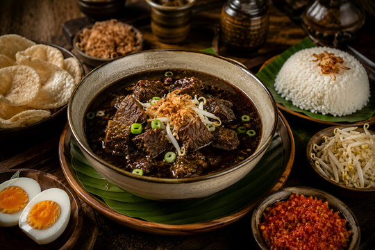 A bowl of East Javanese Rawon, featuring a rich, spice-infused black broth derived from *kluwek* nuts.