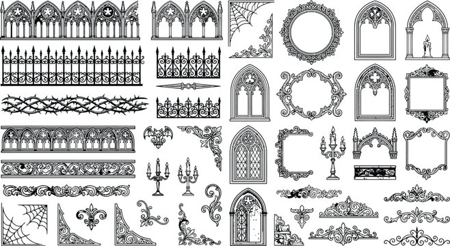 Gothic architectural ornament library vector set. Cathedral windows, medieval borders, tracery, wrought iron, Victorian flourishes, crosses and vintage decorative frames for dark fantasy, Halloween