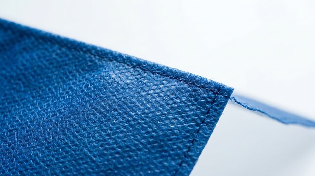 Close up macro shot showing blue non woven polypropylene fabric texture with visible stitched seam