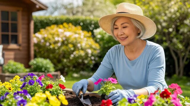 Mature asian woman planting a flower in a wooden garden box. Gardener working outdoor in backyard during spring. Hobby and activity in nature concept.