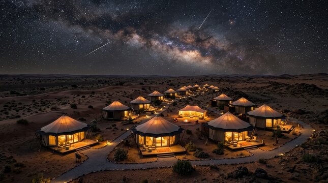 A serene desert resort features illuminated luxury circular cabins nestled under a breathtaking night sky filled with the glowing expanse of the vibrant Milky Way galaxy and numerous distant