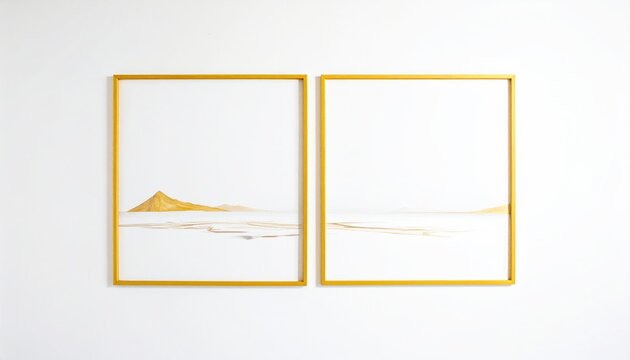 Two framed minimalist golden landscapes on a white wall