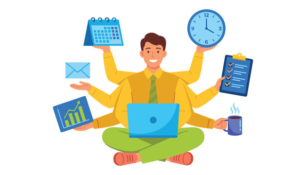 Multitasking businessman vector character managing tasks with multiple arms holding clock calendar laptop charts and coffee cup