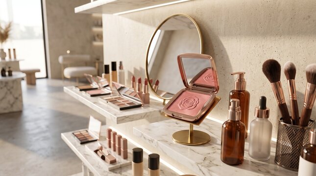 Luxury blush compact displayed inside a modern beauty boutique beside skincare products, makeup brushes, and decorative mirrors. Premium cosmetic retail and beauty concept.