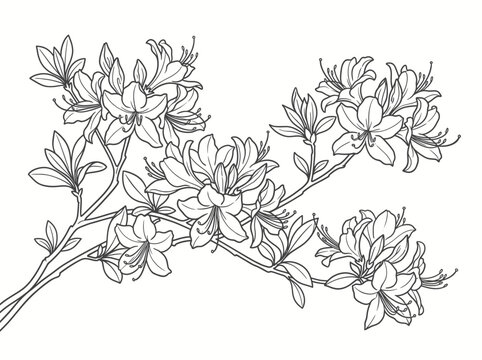 Beautiful azalea flower branch line art illustration
