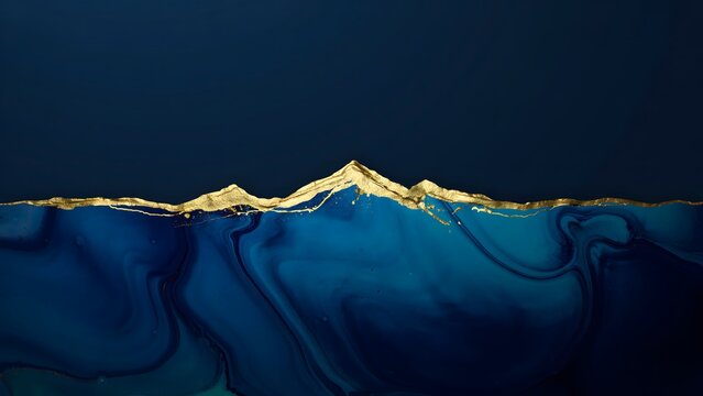 Abstract fluid art background with a gold mountain range silhouette on deep blue ink waves, luxury marble texture wallpaper